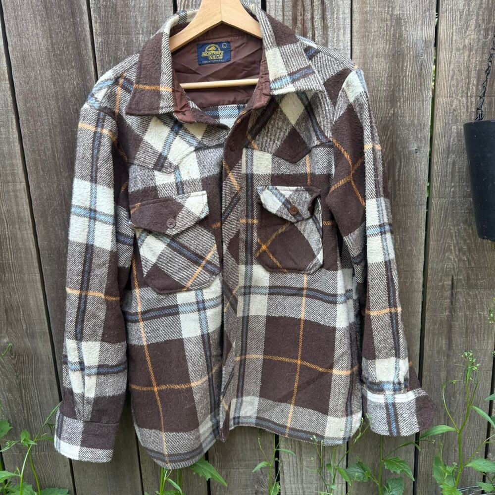 Vintage Monterey Knits Wool Blend Plaid Flannel Shirt Men’s L Brown Cream